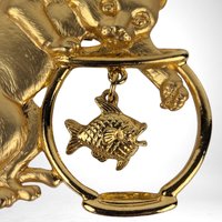 Vintage Gold Toned Cat and Fishbowl Brooch | Signed JJ Jonette Jewelry Co. | Whimsical Cat Brooch