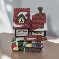 Vintage Heartland Valley Porcelain Lighted Village Buildings - Church, Grocery, Fabric Shop, House