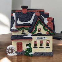 Vintage Heartland Valley Porcelain Lighted Village Buildings - Church, Grocery, Fabric Shop, House