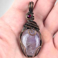 Handmade Copper Wire Wrapped Amethyst Pendant, Amethyst and Garnet Jewelry, Artisan Pendant, Statement Necklace, Gift for Her