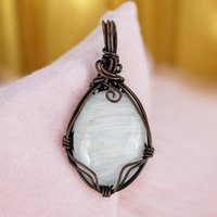 Handmade Copper Wire Wrapped Scolecite Pendant - White Crystal, Antiqued Finish