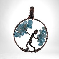 Copper Wire Figure and Tree with Glass Chips Pendant | Handcrafted Wire-Wrapped Jewelry | Unique Artistic Necklace Charm