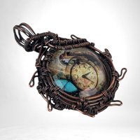 Handcrafted Copper Wire Wrapped Pendant | Clock Collage | Picture Cabochon | Earth Tones | Unique Gift | Vintage Style