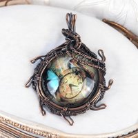 Handcrafted Copper Wire Wrapped Pendant | Clock Collage | Picture Cabochon | Earth Tones | Unique Gift | Vintage Style