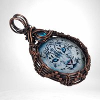 Handmade Snow Leopard Pendant | Copper Wire Wrapped | Blue Accent | Nature Inspired Jewelry