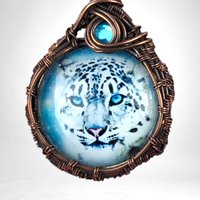 Handmade Snow Leopard Pendant | Copper Wire Wrapped | Blue Accent | Nature Inspired Jewelry