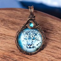 Handmade Snow Leopard Pendant | Copper Wire Wrapped | Blue Accent | Nature Inspired Jewelry