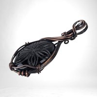 Handcrafted Black Onyx Pendant | Copper Wire Wrapped | Carved Flower Design | 2.25" | Unique Gift
