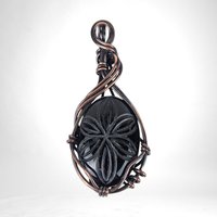 Handcrafted Black Onyx Pendant | Copper Wire Wrapped | Carved Flower Design | 2.25" | Unique Gift