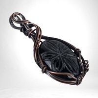 Handcrafted Black Onyx Pendant | Copper Wire Wrapped | Carved Flower Design | 2.25" | Unique Gift