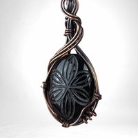 Handcrafted Black Onyx Pendant | Copper Wire Wrapped | Carved Flower Design | 2.25" | Unique Gift