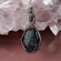 Handcrafted Black Onyx Pendant | Copper Wire Wrapped | Carved Flower Design | 2.25" | Unique Gift