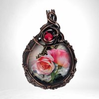 Handmade Copper Wire Wrapped Rose Necklace | Pink Rose Cabochon Pendant | Red Glass Bead Accent |  Gift for Her