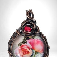 Handmade Copper Wire Wrapped Rose Necklace | Pink Rose Cabochon Pendant | Red Glass Bead Accent |  Gift for Her