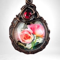 Handmade Copper Wire Wrapped Rose Necklace | Pink Rose Cabochon Pendant | Red Glass Bead Accent |  Gift for Her