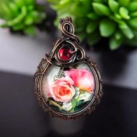 Handmade Copper Wire Wrapped Rose Necklace | Pink Rose Cabochon Pendant | Red Glass Bead Accent |  Gift for Her