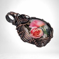 Handmade Copper Wire Wrapped Rose Necklace | Pink Rose Cabochon Pendant | Red Glass Bead Accent |  Gift for Her