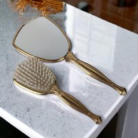 Vintage Vanity Brush and Mirror Set, Pink with Gold Flowers