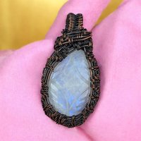 Handmade Copper Wire Wrapped Carved Rainbow Moonstone Pendant | Unique Artisan Jewelry | Boho Gift