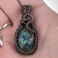 Handmade Copper Wire Wrapped Checkered Labradorite Pendant | Unique Artisan Jewelry | Boho Gift