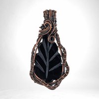 Handmade Copper Wire Wrapped Leaf Shaped Black Onyx Pendant | Unique Artisan Jewelry | Boho Gift