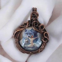 Copper Wire Wrapped Pendant Featuring Female and Wolves | Unique Artisan Jewelry | Nature-Inspired Statement Necklace | Bohemian Style