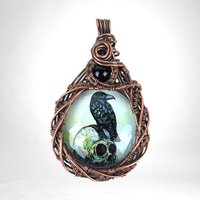 Copper Wire Wrapped Pendant with Raven and Skull | Unique Gothic Jewelry | Handmade Statement Necklace | Dark Aesthetic Accessory