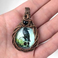 Copper Wire Wrapped Pendant with Raven and Skull | Unique Gothic Jewelry | Handmade Statement Necklace | Dark Aesthetic Accessory