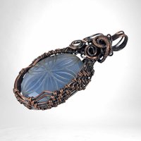 Copper Wire Wrapped Hand Carved Blue Onyx Pendant | Unique Artisan Jewelry | Natural Stone Necklace | Bohemian Style Gift for Her
