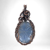 Copper Wire Wrapped Hand Carved Blue Onyx Pendant | Unique Artisan Jewelry | Natural Stone Necklace | Bohemian Style Gift for Her