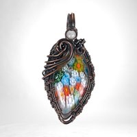 Handmade Copper Wire Wrapped Millefiori Pendant with Rose Quartz Accent – Unique Artisan Jewelry Gift