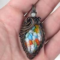 Handmade Copper Wire Wrapped Millefiori Pendant with Rose Quartz Accent – Unique Artisan Jewelry Gift