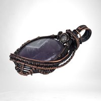 Copper Wire Wrapped Amethyst Pendant | Handmade Crystal Jewelry | Antiqued Copper & Glass Accent | 2" | Gift for Her