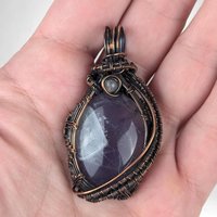 Copper Wire Wrapped Amethyst Pendant | Handmade Crystal Jewelry | Antiqued Copper & Glass Accent | 2" | Gift for Her