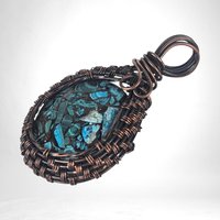 Handcrafted Copper Wire Wrapped Azurite/Malachite Pendant | 2" Unique Rustic Jewelry | Oxidized Copper Wire | Natural Stone Gift