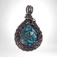 Handcrafted Copper Wire Wrapped Azurite/Malachite Pendant | 2" Unique Rustic Jewelry | Oxidized Copper Wire | Natural Stone Gift