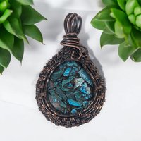 Handcrafted Copper Wire Wrapped Azurite/Malachite Pendant | 2" Unique Rustic Jewelry | Oxidized Copper Wire | Natural Stone Gift