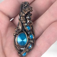 Copper Wire Wrapped Blue Rivoli Pendant | Handmade Crystal Jewelry | 2" Height | Unique Gift | No Chain
