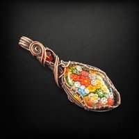 Copper Wire Wrapped Millefiori Pendant | Handmade Glass Jewelry | 2.5" Height | Red Bead Accent | Unique Gift | No Chain
