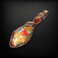 Copper Wire Wrapped Millefiori Pendant | Handmade Glass Jewelry | 2.5" Height | Red Bead Accent | Unique Gift | No Chain