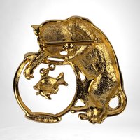 Vintage Gold Toned Cat and Fishbowl Brooch | Signed JJ Jonette Jewelry Co. | Whimsical Cat Brooch