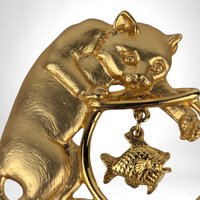 Vintage Gold Toned Cat and Fishbowl Brooch | Signed JJ Jonette Jewelry Co. | Whimsical Cat Brooch