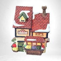 Vintage Heartland Valley Porcelain Lighted Village Buildings - Church, Grocery, Fabric Shop, House
