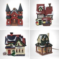 Vintage Heartland Valley Porcelain Lighted Village Buildings - Church, Grocery, Fabric Shop, House