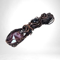 Handmade Copper Wire Wrapped Pendant with Purple Crystal and Black Bead, Artisan Pendant, Gothic Jewelry, Statement Pendant, Gift for Her