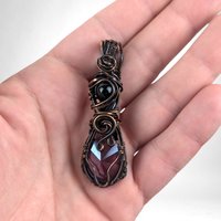 Handmade Copper Wire Wrapped Pendant with Purple Crystal and Black Bead, Artisan Pendant, Gothic Jewelry, Statement Pendant, Gift for Her