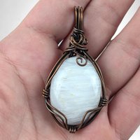 Handmade Copper Wire Wrapped Scolecite Pendant - White Crystal, Antiqued Finish