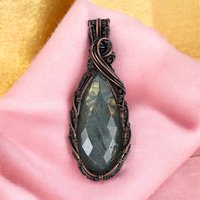 Handmade Copper Wire Wrapped Labradorite Pendant | Checker Cut Gemstone | Unique Gift for Her | Oxidized Copper