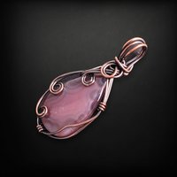 Handmade Copper Wire Wrapped Agate Pendant - Dark Pink, 2" - Antiqued Finish, No Chain