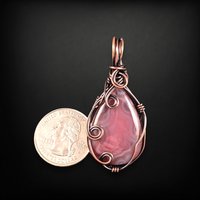 Handmade Copper Wire Wrapped Agate Pendant - Dark Pink, 2" - Antiqued Finish, No Chain